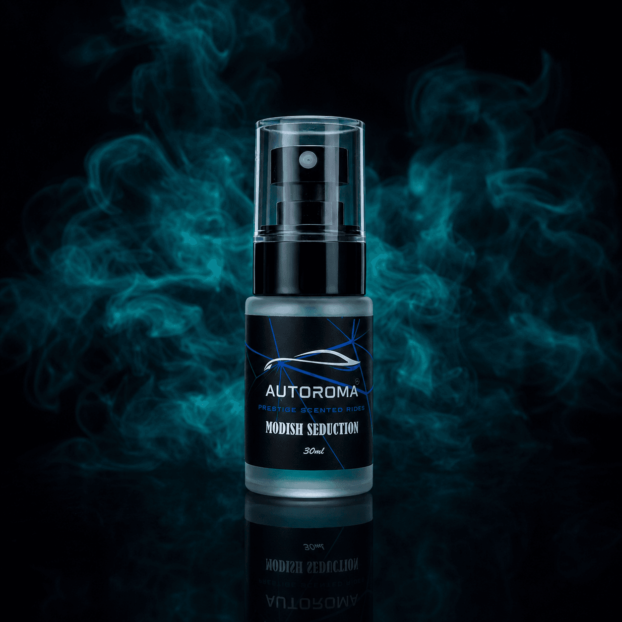 Autoroma Modish Seduction car perfume surrounded by teal fragrance mist